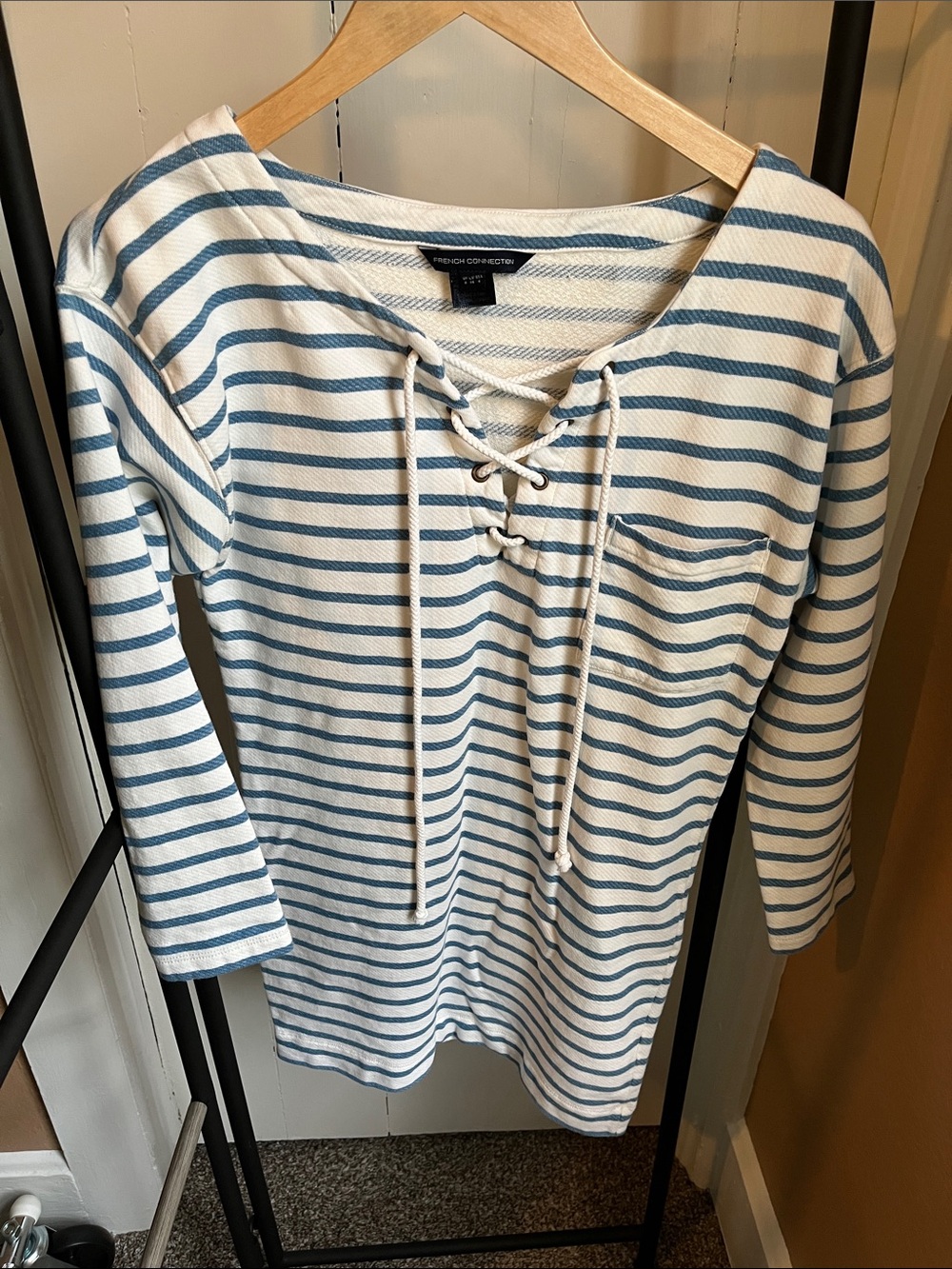 French Connection White and Blue Striped Lace-Up Long Sleeve Tunic